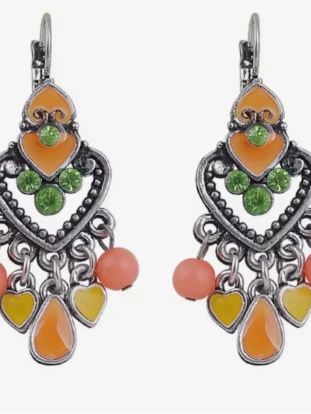 NEW Bohemian Orange & Green Heart Dangle Earrings